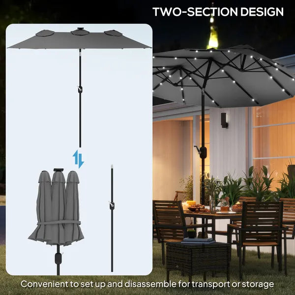 Outsunny Double-sided Patio Umbrella, 9.7' Outdoor Umbrella with Tilt and Crank, LED Solar Light and 12 Ribs, Gray - product image 8