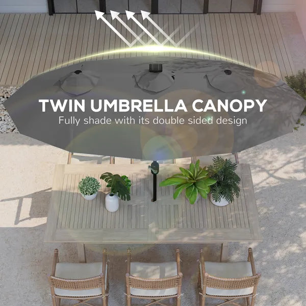 Outsunny Double-sided Patio Umbrella, 9.7' Outdoor Umbrella with Tilt and Crank, LED Solar Light and 12 Ribs, Gray - product image 5