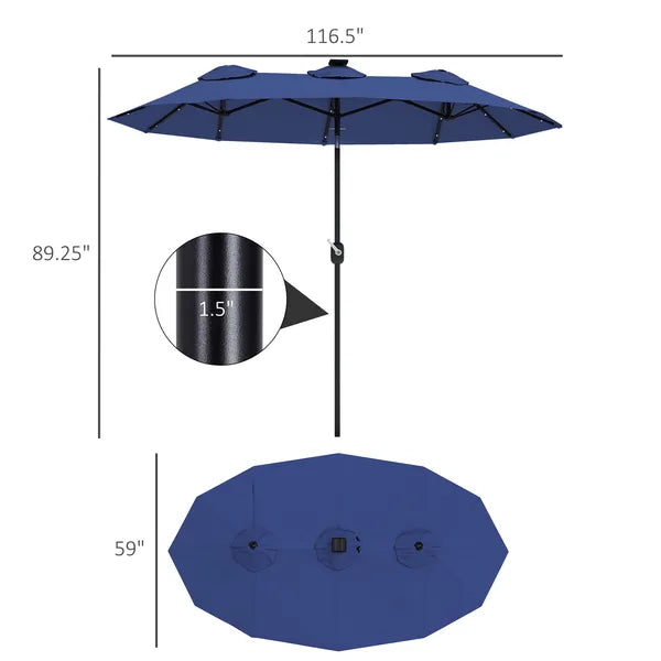 Outsunny Double-sided Patio Umbrella, 9.7 ft Outdoor Umbrella with Tilt and Crank, LED Solar Light and 12 Ribs, Navy Blue - product image 3