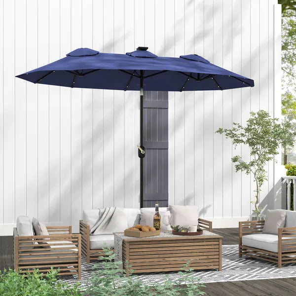 Outsunny Double-sided Patio Umbrella, 9.7 ft Outdoor Umbrella with Tilt and Crank, LED Solar Light and 12 Ribs, Navy Blue - product image 9