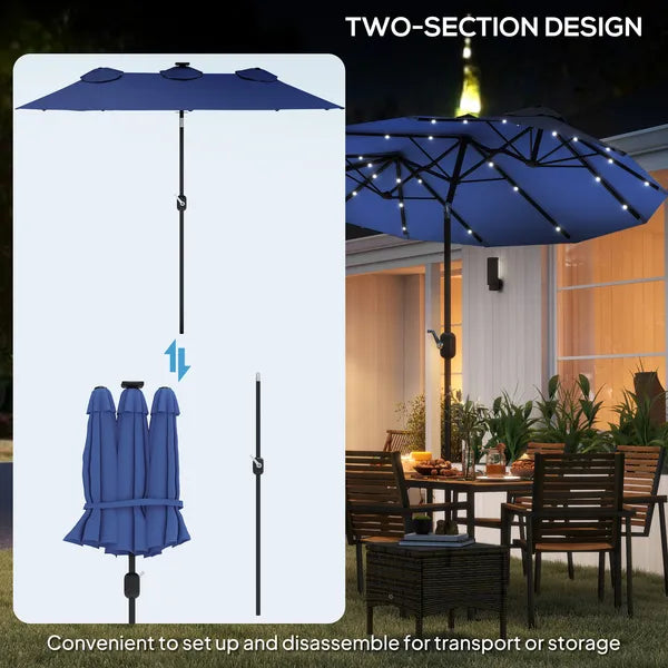 Outsunny Double-sided Patio Umbrella, 9.7 ft Outdoor Umbrella with Tilt and Crank, LED Solar Light and 12 Ribs, Navy Blue - product image 8