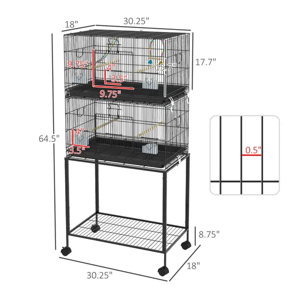 PawHut Double Stackable Bird Cage on Wheels with Stand, for Canaries - product image 3
