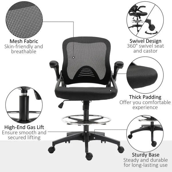 Drafting Chair, Tall Office Chair with Lumbar Support, Flip-Up Armrests, Footrest Ring and Adjustable Seat Height, Black - product image 7