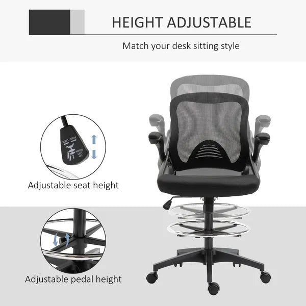 Drafting Chair, Tall Office Chair with Lumbar Support, Flip-Up Armrests, Footrest Ring and Adjustable Seat Height, Black - product image 4