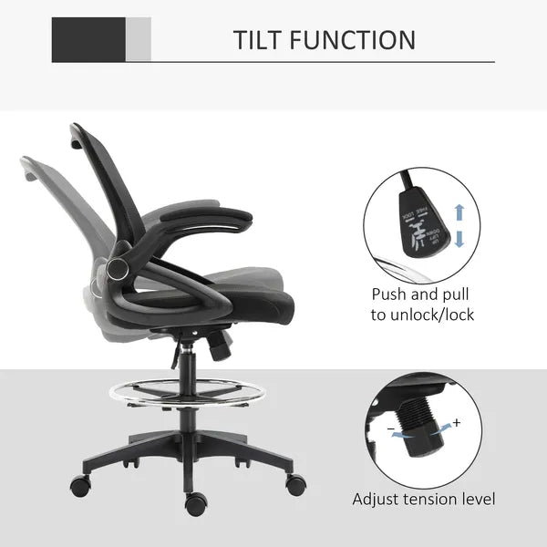 Drafting Chair, Tall Office Chair with Lumbar Support, Flip-Up Armrests, Footrest Ring and Adjustable Seat Height, Black - product image 6