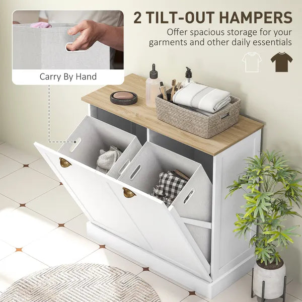 HOMCOM Dual Tilt out Laundry Hamper Cabinet with 2 Removable Basket, Modern Bathroom Storage Cabinet with Shaker Doors and Handles, White - product image 4
