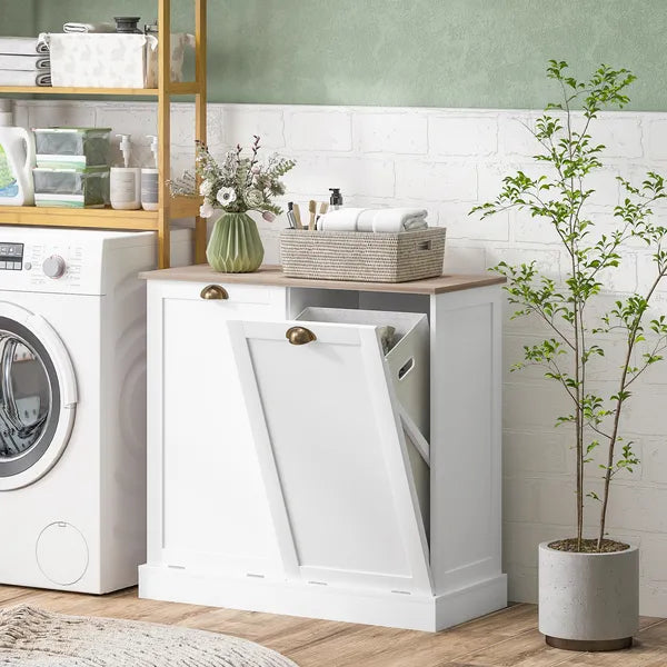 HOMCOM Dual Tilt out Laundry Hamper Cabinet with 2 Removable Basket, Modern Bathroom Storage Cabinet with Shaker Doors and Handles, White - product image 2