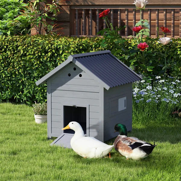 PawHut Duck Coop, Wooden Duck House with Openable Roof and Double Doors, Removable Base for 1-3 Ducks, Outdoor Small Animal House, Gray - product image 2