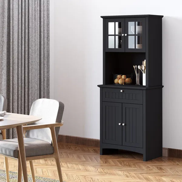 Kitchen Buffet with Hutch, Pantry Storage Cabinet with Framed Glass Door, Drawer, Microwave Space, Black - product image 10