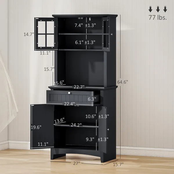 Kitchen Buffet with Hutch, Pantry Storage Cabinet with Framed Glass Door, Drawer, Microwave Space, Black - product image 3