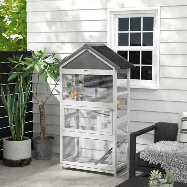 Wooden Bird Aviary with Slide-Out Tray Ladder Perches for Finches Parakeets Cozy Gray - product image 10