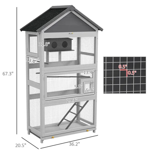 Wooden Bird Aviary with Slide-Out Tray Ladder Perches for Finches Parakeets Cozy Gray - product image 3