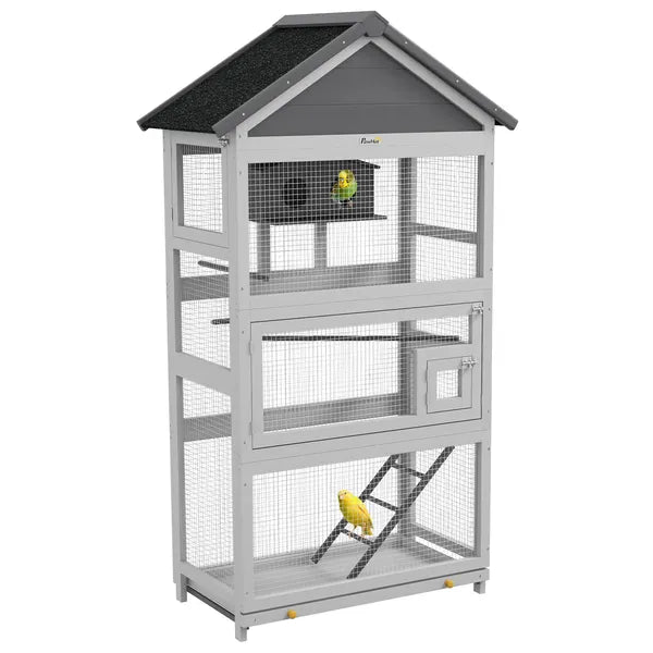 Wooden Bird Aviary with Slide-Out Tray Ladder Perches for Finches Parakeets Cozy Gray - product image 11