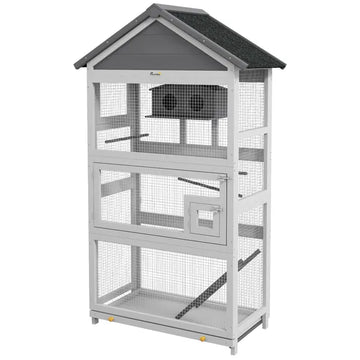 Wooden Bird Aviary with Slide-Out Tray Ladder Perches for Finches Parakeets Cozy Gray - product image 1