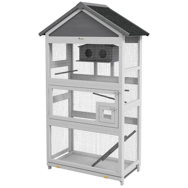 Wooden Bird Aviary with Slide-Out Tray Ladder Perches for Finches Parakeets Cozy Gray - product image 1