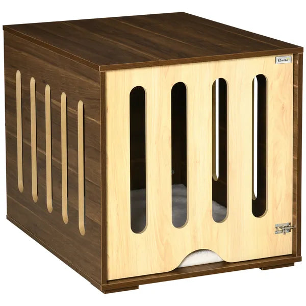 Wooden Pet Crate Table with Plush Cushion, Side Entry, Removable Door, Brown - product image 1