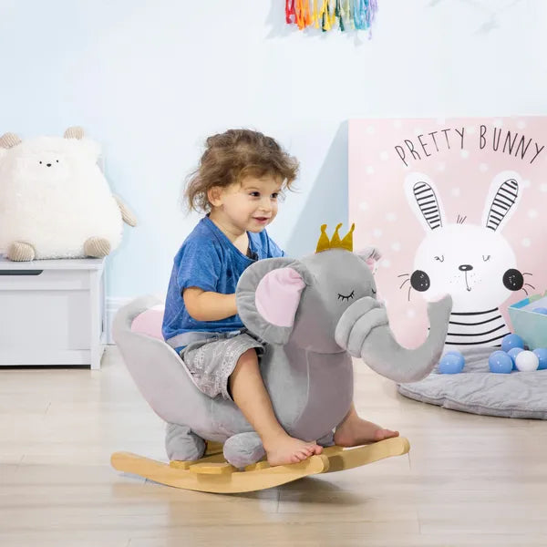 Qaba Elephant Baby Rocking Horse with Sound, Wooden Base, Safety Belt for Toddlers 1.5-3 Years, Gray - product image 2