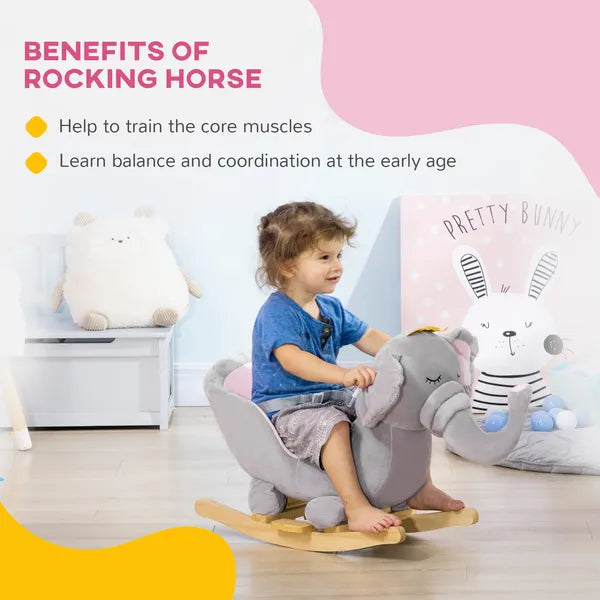 Qaba Elephant Baby Rocking Horse with Sound, Wooden Base, Safety Belt for Toddlers 1.5-3 Years, Gray - product image 6