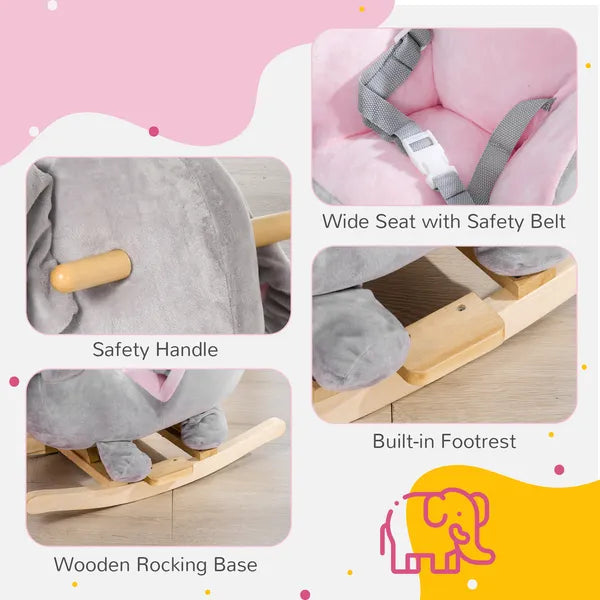 Qaba Elephant Baby Rocking Horse with Sound, Wooden Base, Safety Belt for Toddlers 1.5-3 Years, Gray - product image 7