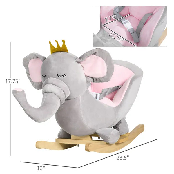 Qaba Elephant Baby Rocking Horse with Sound, Wooden Base, Safety Belt for Toddlers 1.5-3 Years, Gray - product image 3
