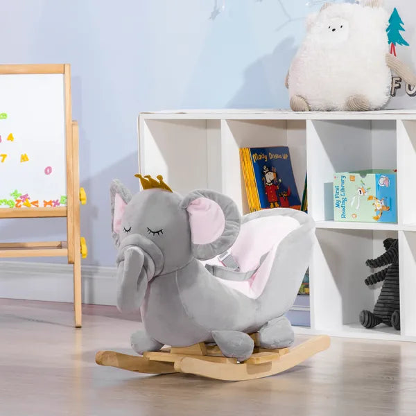 Qaba Elephant Baby Rocking Horse with Sound, Wooden Base, Safety Belt for Toddlers 1.5-3 Years, Gray - product image 8