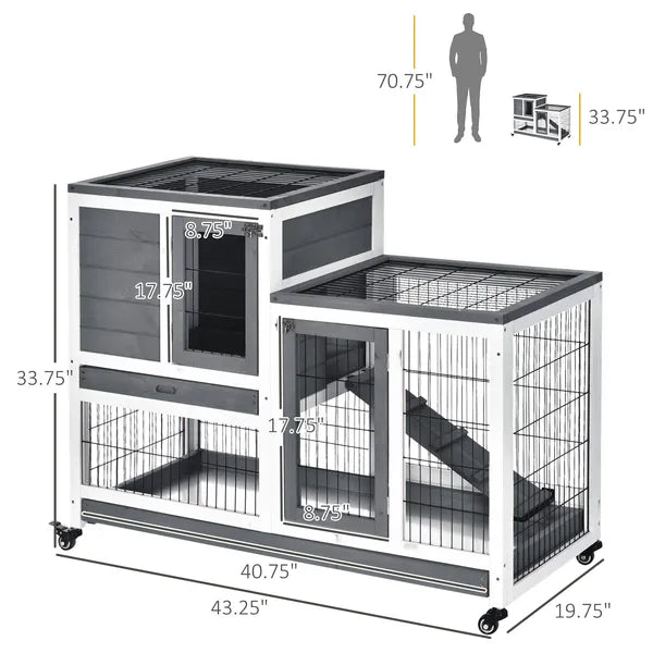 PawHut Elevated Bunny Cage Indoor Rabbit Hutch with Wheels Ramp Removable Tray for Guinea Pigs Gray - product image 3