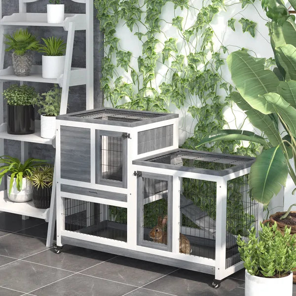 PawHut Elevated Bunny Cage Indoor Rabbit Hutch with Wheels Ramp Removable Tray for Guinea Pigs Gray - product image 2