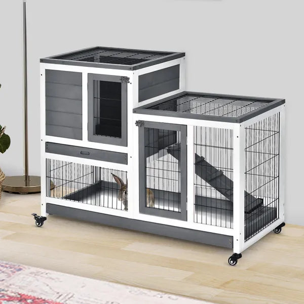 PawHut Elevated Bunny Cage Indoor Rabbit Hutch with Wheels Ramp Removable Tray for Guinea Pigs Gray - product image 10