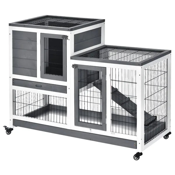 PawHut Elevated Bunny Cage Indoor Rabbit Hutch with Wheels Ramp Removable Tray for Guinea Pigs Gray - product image 1