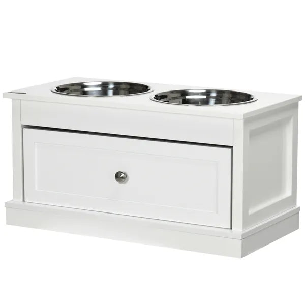 PawHut Elevated Dog Bowls Large Dog Feeder Station with 2 Stainless Steel Bowls Storage Drawer Wood Stand White - product image 11