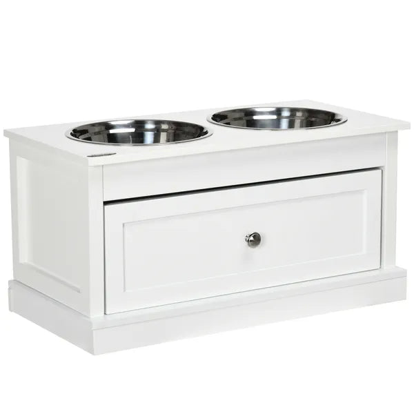 PawHut Elevated Dog Bowls Large Dog Feeder Station with 2 Stainless Steel Bowls Storage Drawer Wood Stand White - product image 1