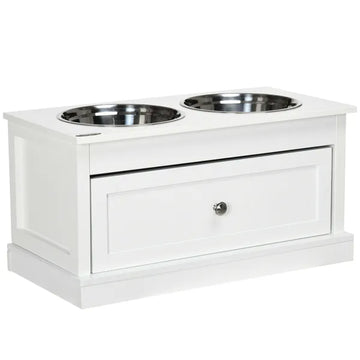 PawHut Elevated Dog Bowls Large Dog Feeder Station with 2 Stainless Steel Bowls Storage Drawer Wood Stand White - product image 1