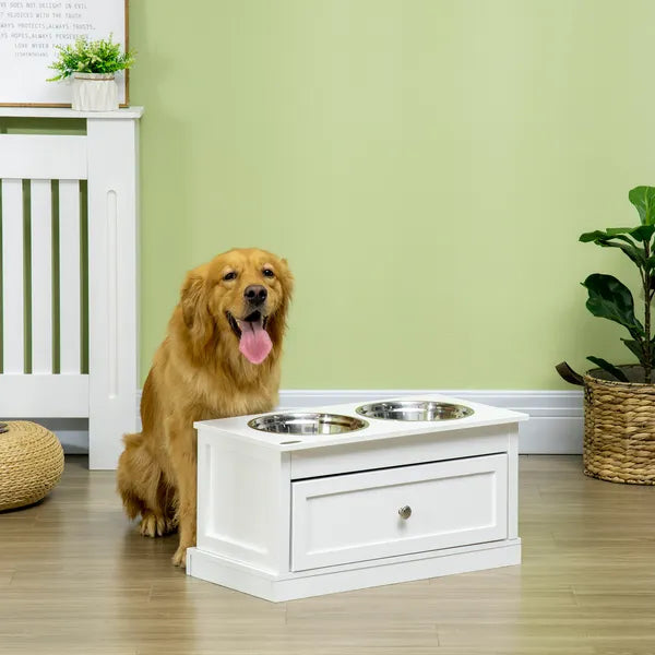 PawHut Elevated Dog Bowls Large Dog Feeder Station with 2 Stainless Steel Bowls Storage Drawer Wood Stand White - product image 2