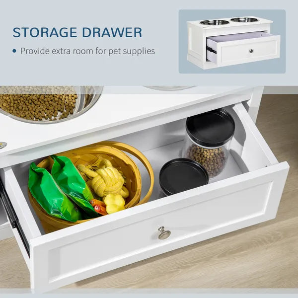 PawHut Elevated Dog Bowls Large Dog Feeder Station with 2 Stainless Steel Bowls Storage Drawer Wood Stand White - product image 5