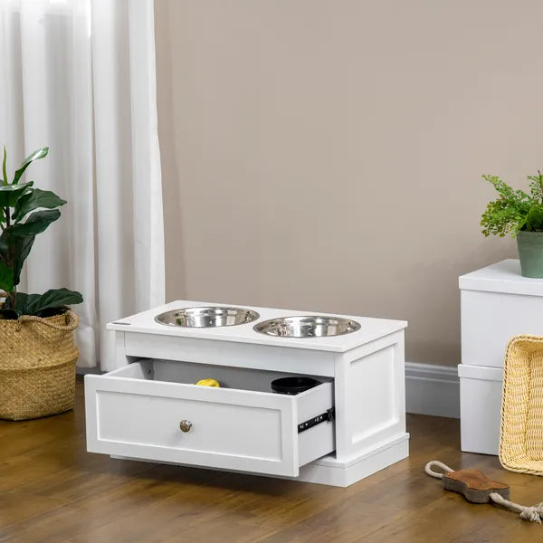 PawHut Elevated Dog Bowls Large Dog Feeder Station with 2 Stainless Steel Bowls Storage Drawer Wood Stand White - product image 9