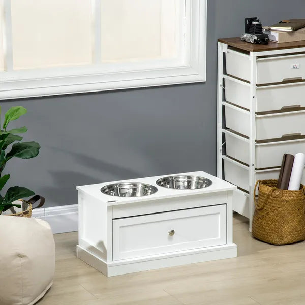 PawHut Elevated Dog Bowls Large Dog Feeder Station with 2 Stainless Steel Bowls Storage Drawer Wood Stand White - product image 10