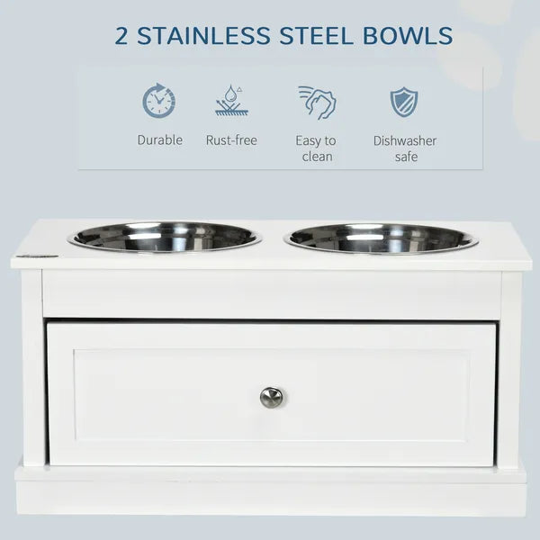 PawHut Elevated Dog Bowls Large Dog Feeder Station with 2 Stainless Steel Bowls Storage Drawer Wood Stand White - product image 6