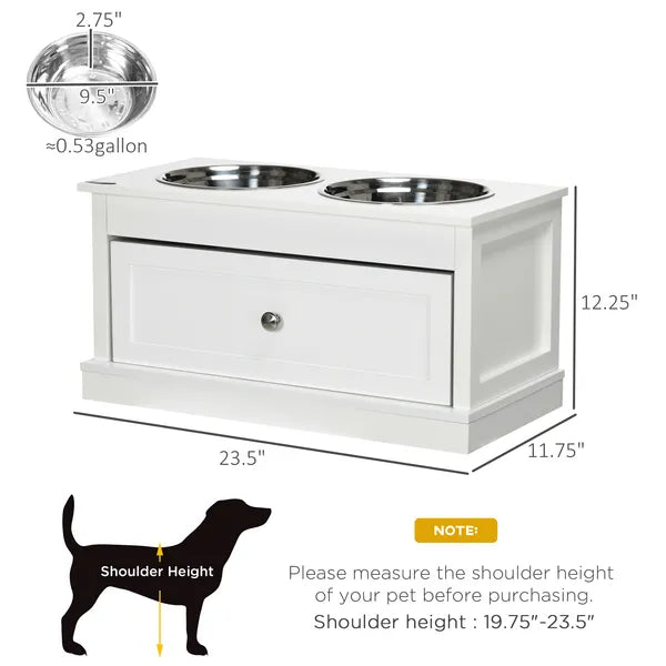 PawHut Elevated Dog Bowls Large Dog Feeder Station with 2 Stainless Steel Bowls Storage Drawer Wood Stand White - product image 3