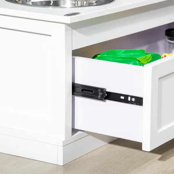 PawHut Elevated Dog Bowls Large Dog Feeder Station with 2 Stainless Steel Bowls Storage Drawer Wood Stand White - product image 8