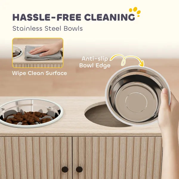 PawHut Elevated Dog Bowls with Storage Cabinet, 2 Stainless Steel Bowls, Slow Feeder, Dog Feeding Station for Large Dogs, Oak - product image 6