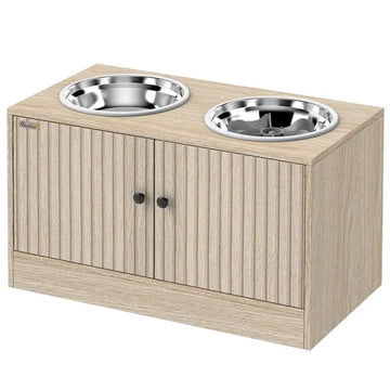 PawHut Elevated Dog Bowls with Storage Cabinet, 2 Stainless Steel Bowls, Slow Feeder, Dog Feeding Station for Large Dogs, Oak - product image 1