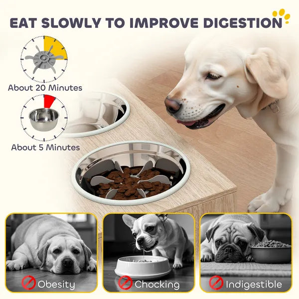 PawHut Elevated Dog Bowls with Storage Cabinet, 2 Stainless Steel Bowls, Slow Feeder, Dog Feeding Station for Large Dogs, Oak - product image 7