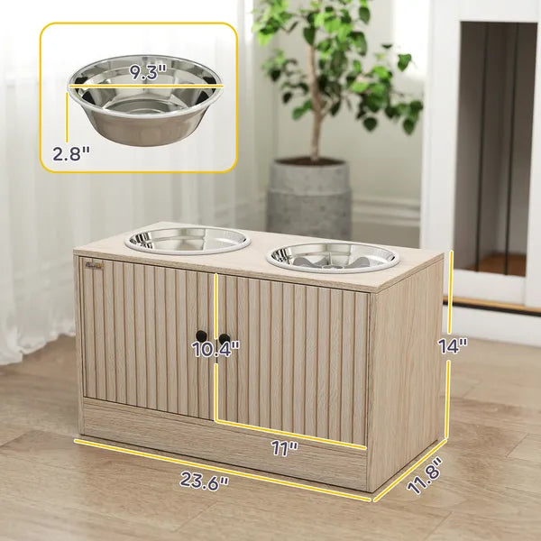 PawHut Elevated Dog Bowls with Storage Cabinet, 2 Stainless Steel Bowls, Slow Feeder, Dog Feeding Station for Large Dogs, Oak - product image 3