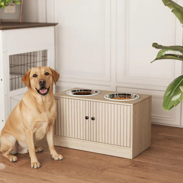 PawHut Elevated Dog Bowls with Storage Cabinet, 2 Stainless Steel Bowls, Slow Feeder, Dog Feeding Station for Large Dogs, Oak - product image 10