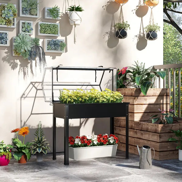 Outsunny Elevated Garden Box with Greenhouse Cover, Raised Garden Bed with Legs and Drainage Hole for Vegetables, Black - product image 10