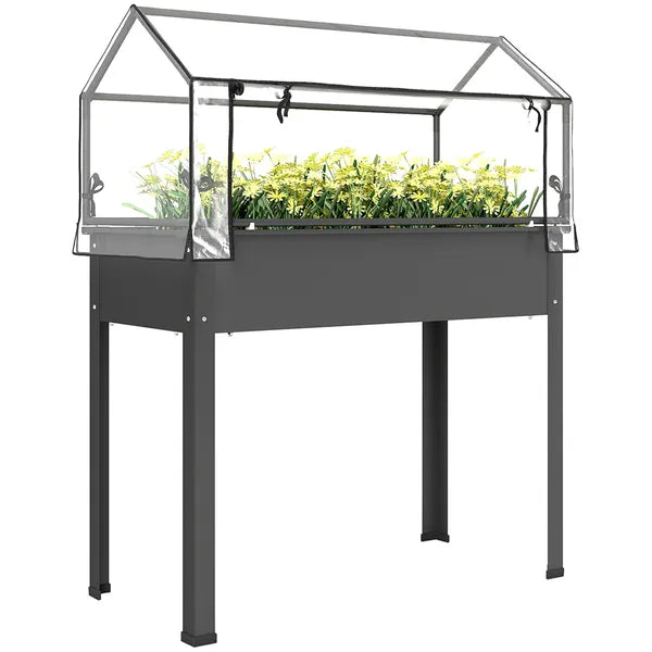 Outsunny Elevated Garden Box with Greenhouse Cover, Raised Garden Bed with Legs and Drainage Hole for Vegetables, Dark Gray - product image 11