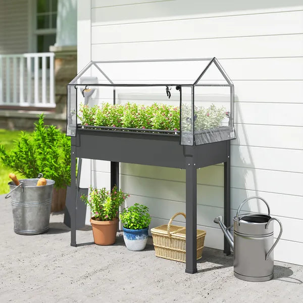 Outsunny Elevated Garden Box with Greenhouse Cover, Raised Garden Bed with Legs and Drainage Hole for Vegetables, Dark Gray - product image 2
