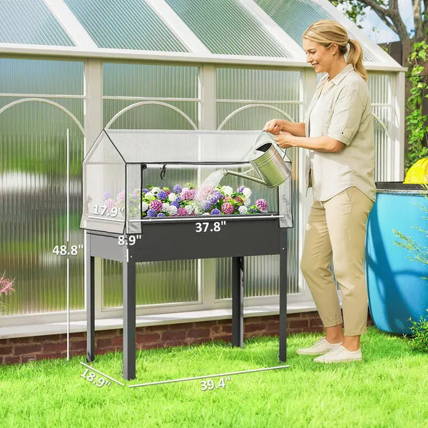 Outsunny Elevated Garden Box with Greenhouse Cover, Raised Garden Bed with Legs and Drainage Hole for Vegetables, Dark Gray - product image 3