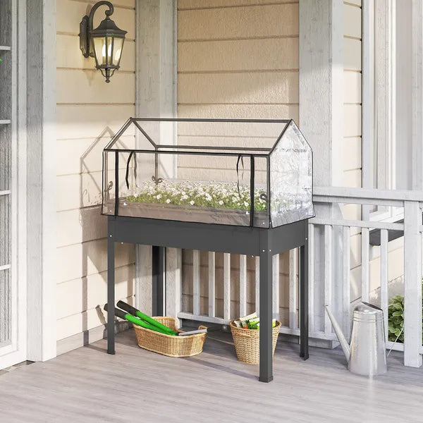 Outsunny Elevated Garden Box with Greenhouse Cover, Raised Garden Bed with Legs and Drainage Hole for Vegetables, Dark Gray - product image 10