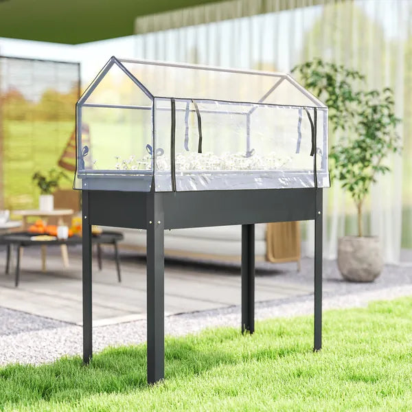Outsunny Elevated Garden Box with Greenhouse Cover, Raised Garden Bed with Legs and Drainage Hole for Vegetables, Dark Gray - product image 8